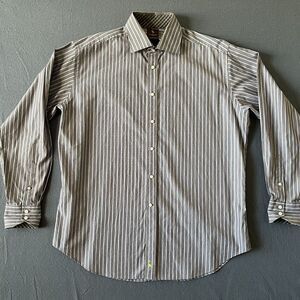 TAILORBYRD Mens‎ XL Long Sleeve Flip Cuff Dress Shirt Brown Blue Stripes *Flaw*